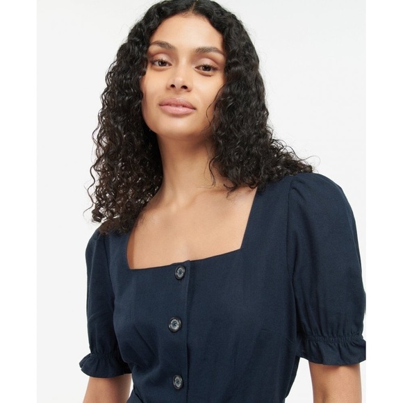 Barbour Navy leilani linen blend square neck puff sleeve Jumpsuit 14 - Picture 3 of 15